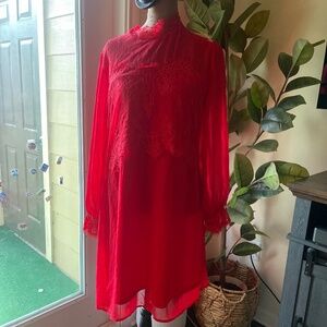 BCBGMaxAzria red lace mixed midi dress